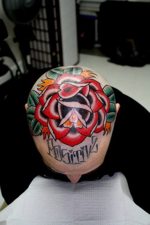 Red Rose Flower Head Tattoo