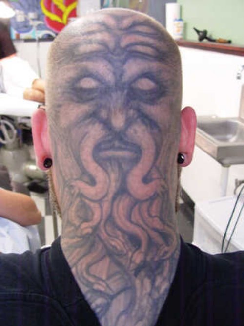 Grey Ink Viking Back Head Tattoo