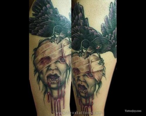 Raven And Zombie Head Tattoo