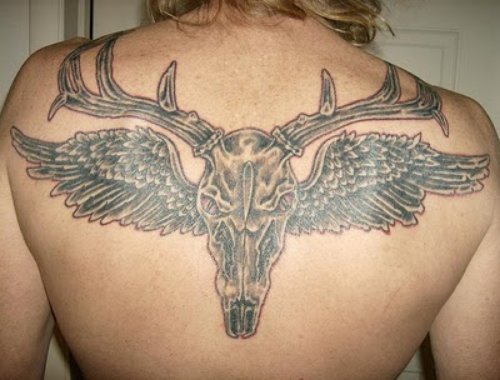Winged Deer Head Tattoo On Back
