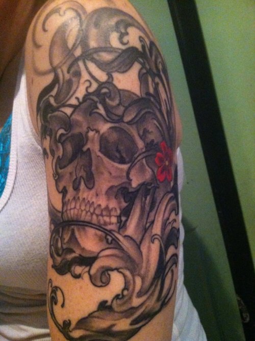Grey Ink Head Skull Tattoo On Half Sleeve