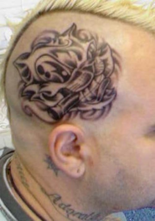 Amazing Grey Ink Head Tattoo For Men