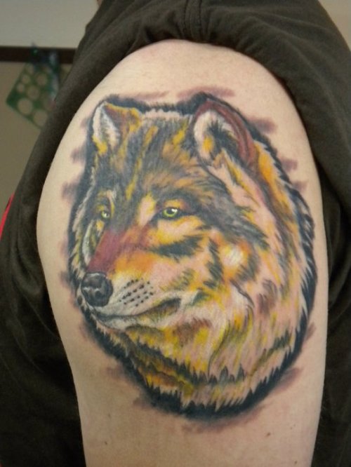 Realistic Wolf Head Tattoo On Shoulder