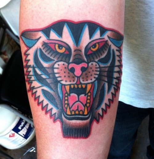 Traditional Tiger Head Tattoo On Arm