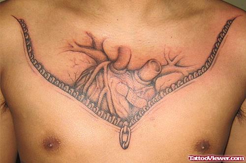 Zipper Heart Tattoo On Man Chest