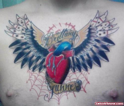 Winged Human Heart Tattoo On Man Chest
