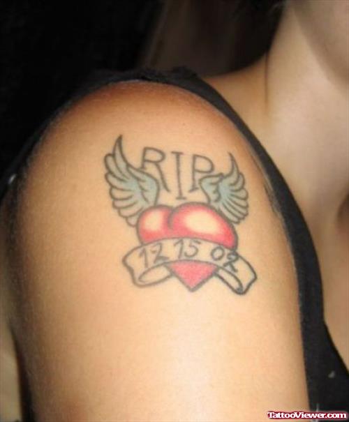 Rip Winged Heart Tattoo On Right Shoulder