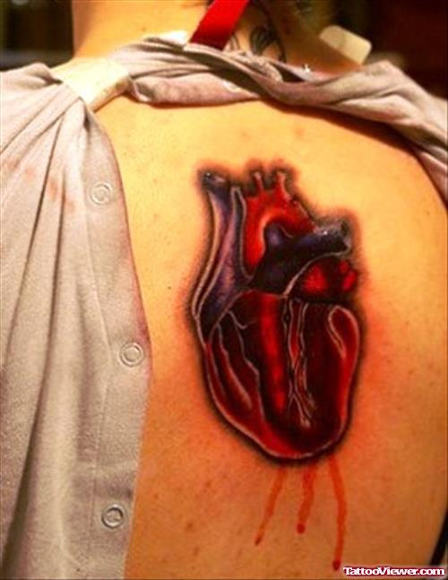 Realistic Human Heart Tattoo On Upperback