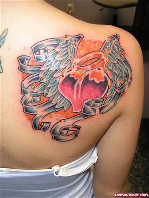 Angel Winged Heart Tattoo On Right Back Shoulder