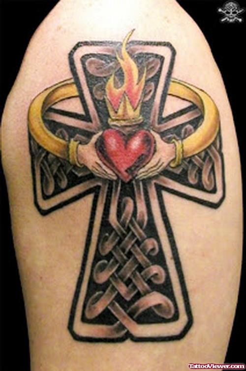 Cross And Claddagh Heart Tattoo On Half Sleeve