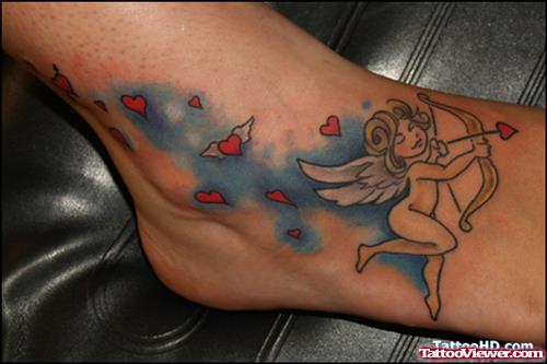 Cherub and Red Hearts Tattoos On Ankle