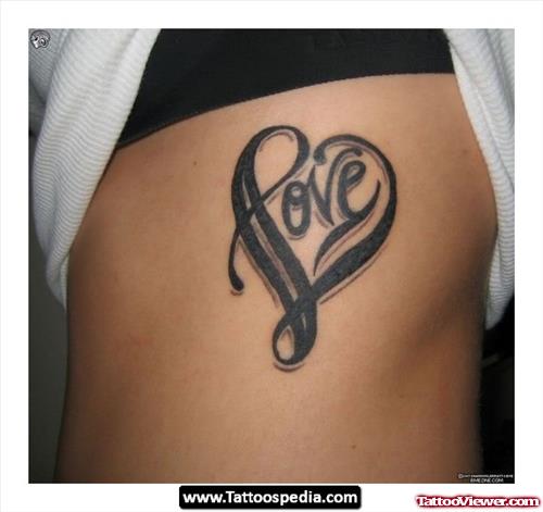 Black Ink Love Heart Tattoo On Side Rib