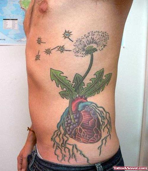 Daisy Flower And Heart Tattoo On Side Rib