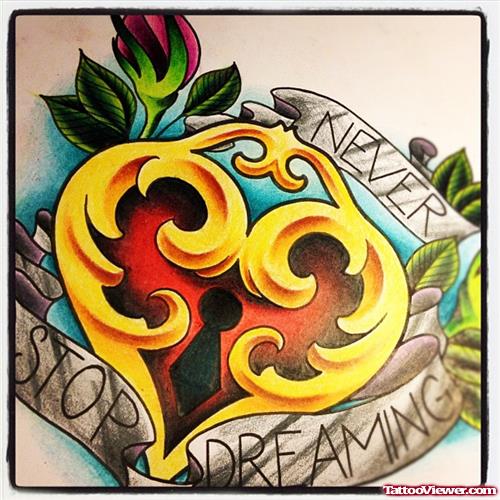 Banners And Lock Heart Tattoo Design