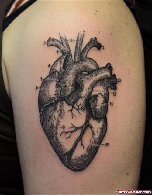 Grey Ink Heart Tattoo On Left Half Sleeve