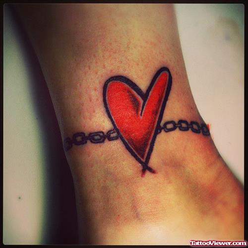 Chain And Red Heart Tattoo On Ankle