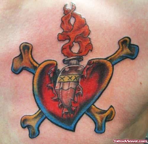 Colored Sacred Heart Tattoo On Chest