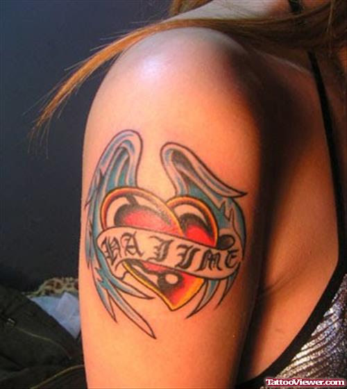 Banner and Winged Heart Tattoo On Right Half Sleeve