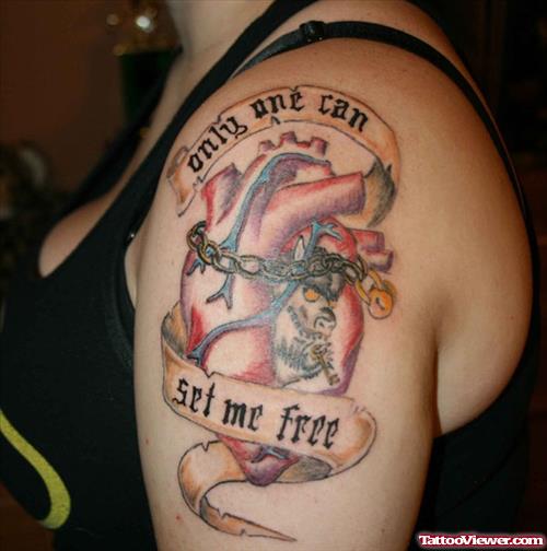 Only One Can Set Me Fire Banner And Heart Tattoo On Shoulder