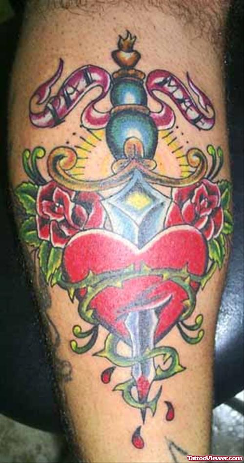 Colored Dagger Heart Tattoo On Sleeve