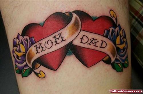 Mom Dad Banners And Red Hearts Tattoo