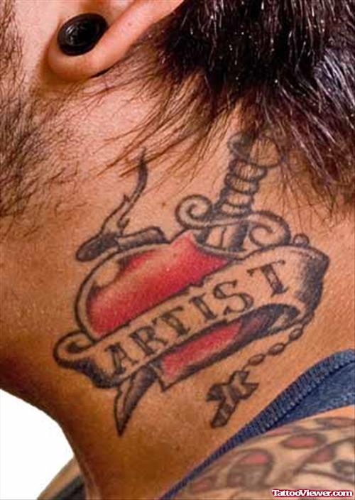 Dagger Heart Tattoo On Side Neck