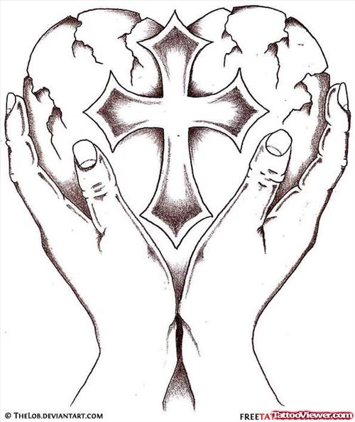 Cross Heart In Hands Tattoo Design