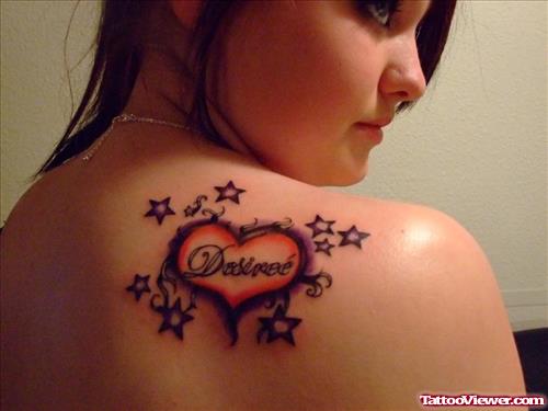 Stars And Heart Tattoo On Right Back Shoulder