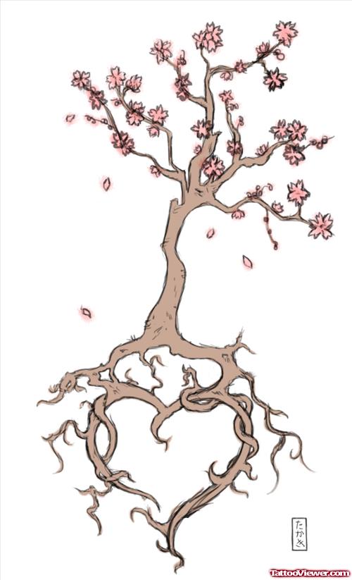 Cherry Blosom Tree Heart Tattoo Design