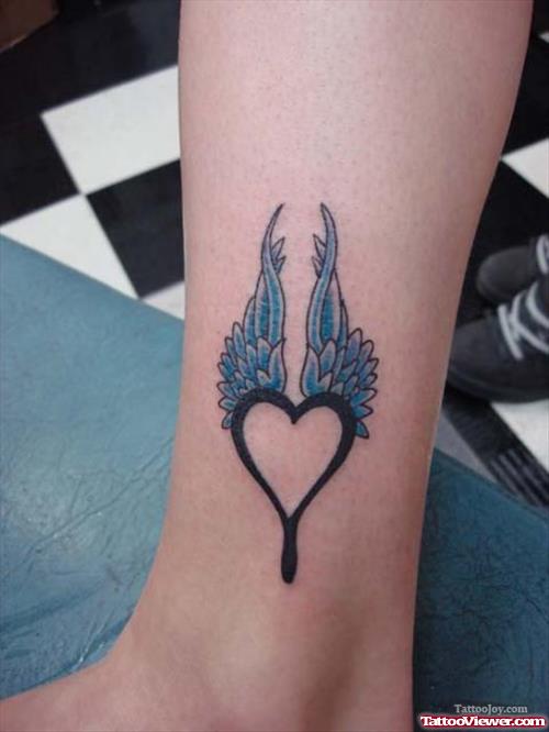 Blue Winged Heart Tattoo On Ankle