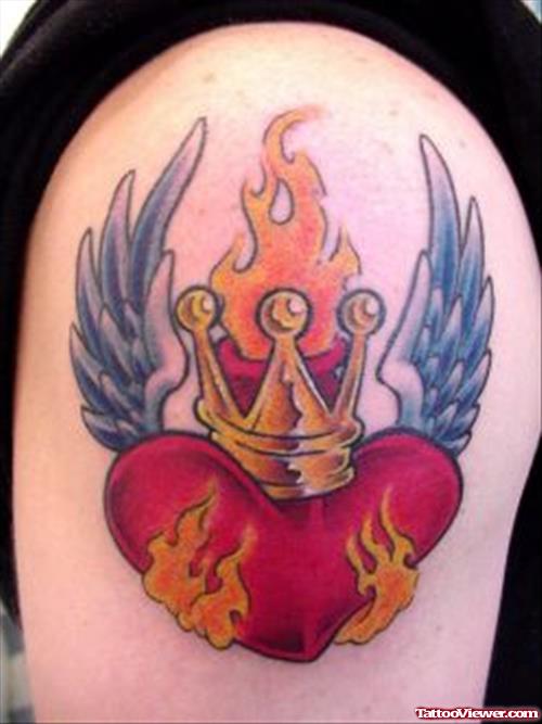 Winged Burning Heart Tattoo On Left Shoulder