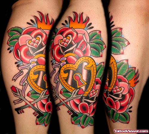 Red Rose Flowers and Lock Heart Tattoo