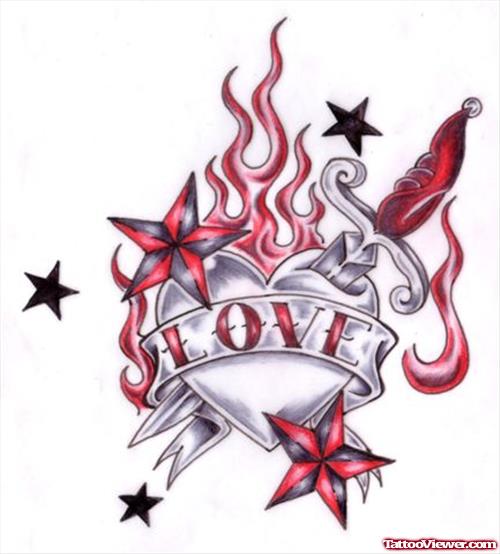 Love Banner and Flaming Heart Tattoo Design