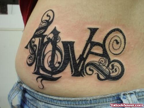 Black Ink Love Word Heart Tattoo On Side Rib