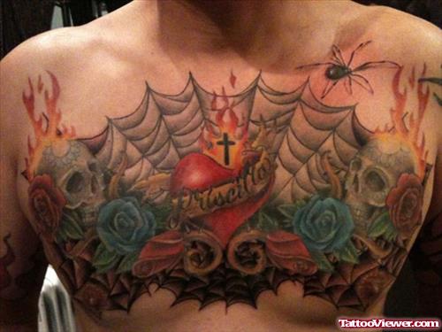 Rose Flowers and Heart Tattoo On Chest
