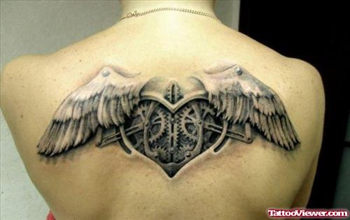 Grey Ink Angel Winged Heart Tattoo On Upperback