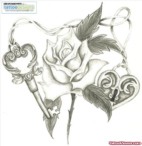 Rose And Lock Heart Tattoo Design For Girls