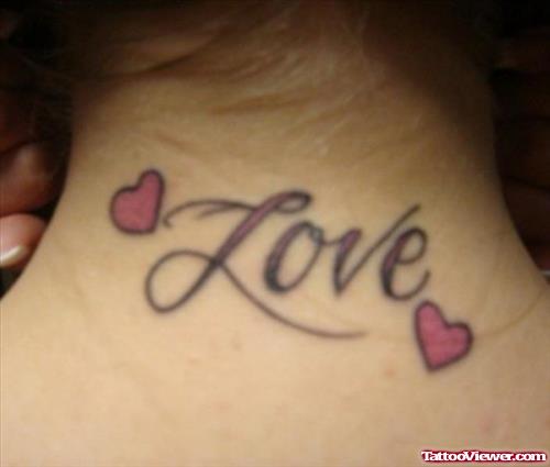 Pink Hearts And Love Tattoo On Nape