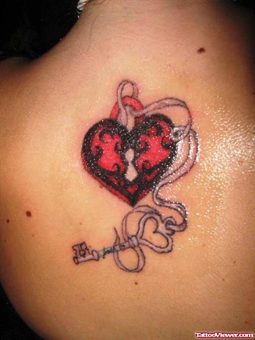 Lock Heart And Key Tattoo On Back
