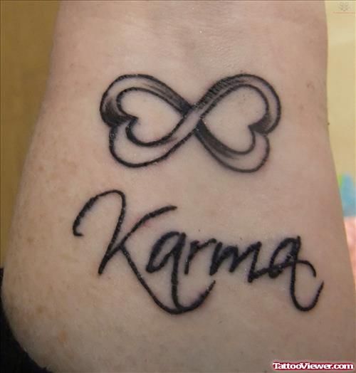 Grey Ink Infinity Symbol Heart and Karma Name Tattoo