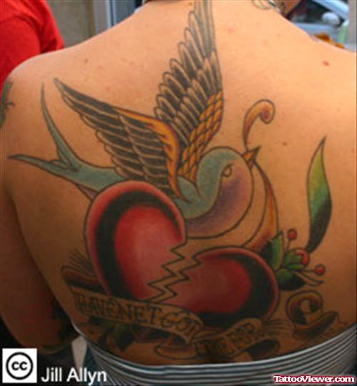 Color Flying Bird and Broken Heart Tattoo On Back