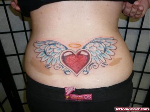 Beautiful Angel Winged Heart Tattoo On Lowerback
