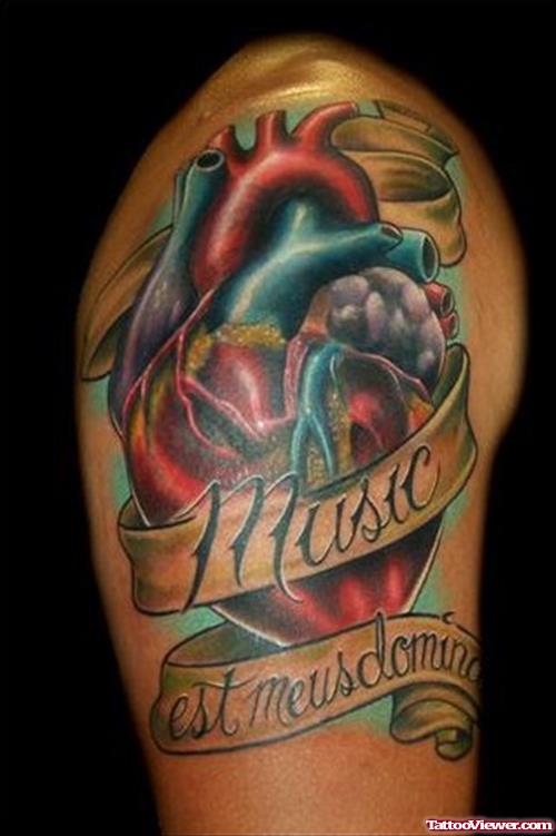 Music Banner And Heart Tattoo On Half Sleeve
