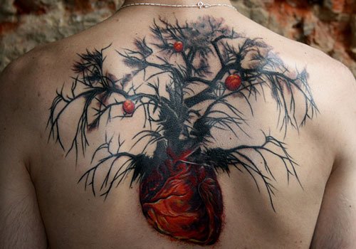 Heart Tree Tattoo On Upperback