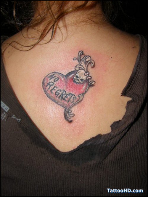 No Regrets Heart Tattoo On Upperback