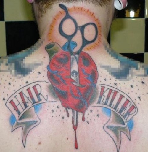 Hair Killer Scissor Heart Tattoo On Upperback