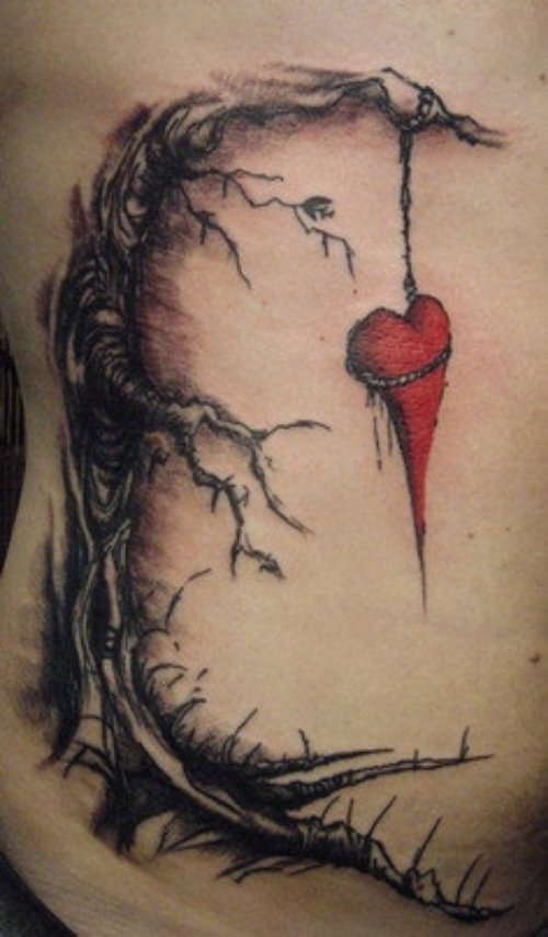 Red Heart Hanged On Tree Tattoo On Side Rib