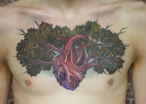 Human Heart Tree Tattoo On Chest