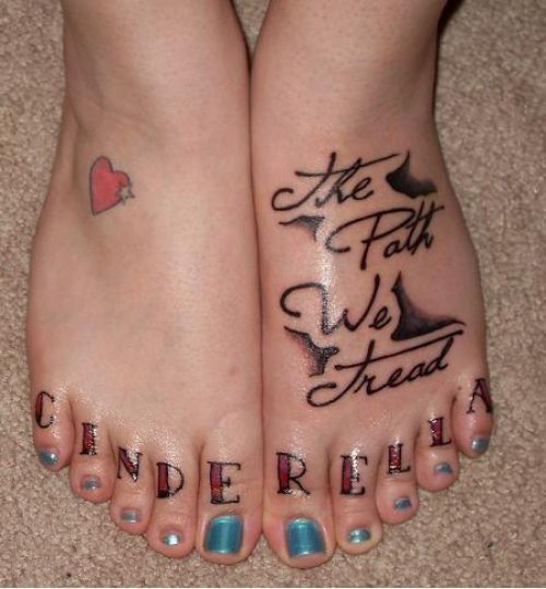 Quote and Red Heart Tattoo On Foot
