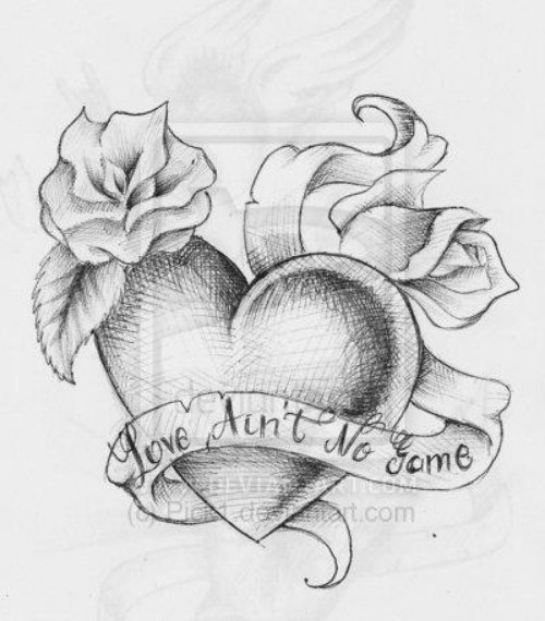 Grey Banner With Rose And Heart Tattoo Design